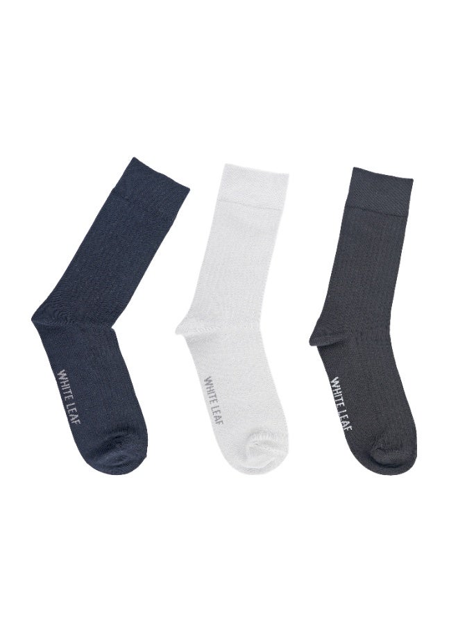 White Leaf 3 Pairs Men’s Corporate Crew Socks – Breathable, Moisture-Wicking, Stay-Put Grip – Premium Cotton (Light Grey, Black, Blue) - Image 5